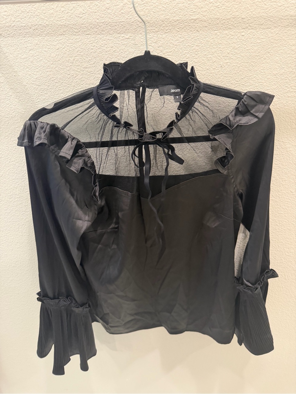Vici Black Satin and Sheer Yoke Ruffle Tie-Neck Blouse